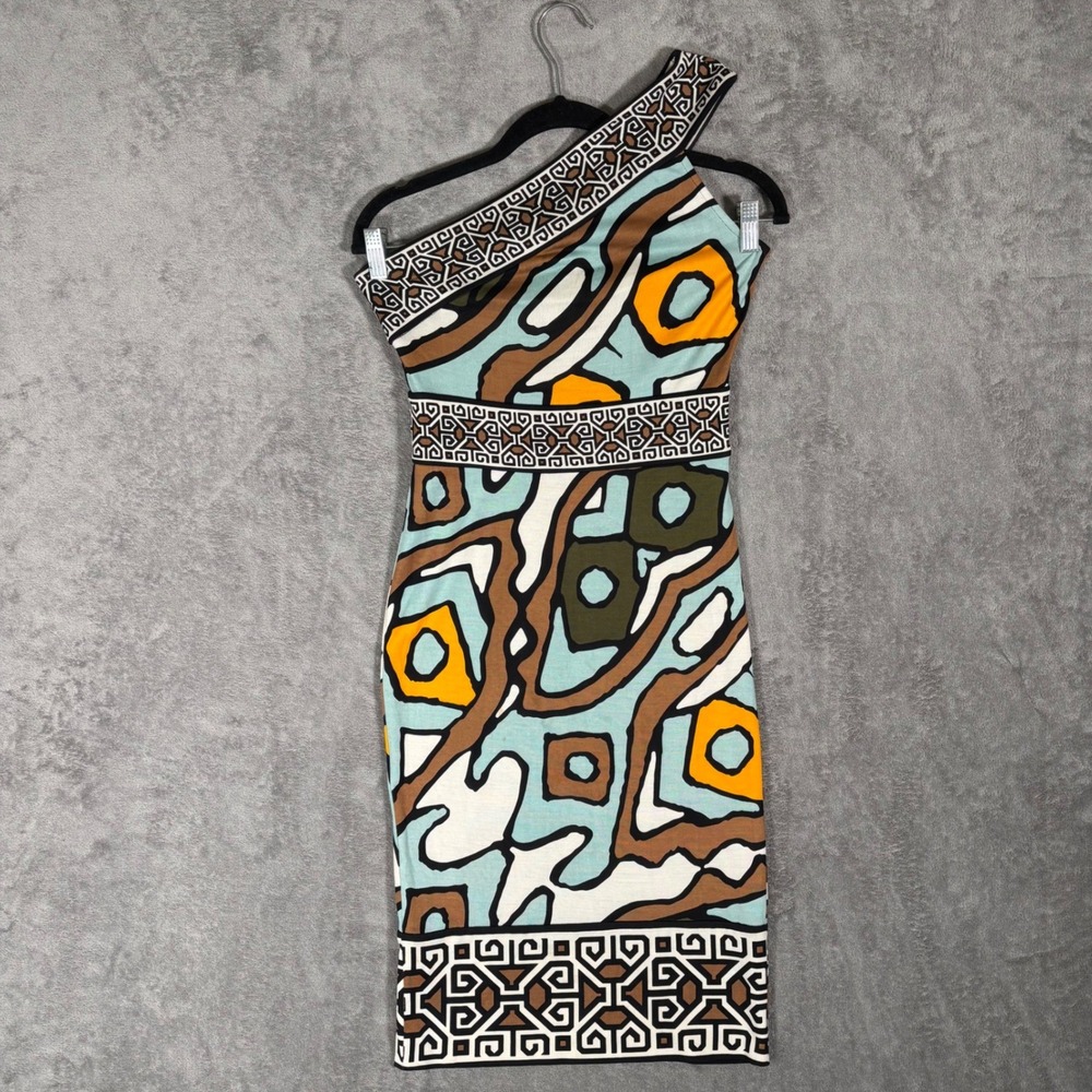 Diane von Furstenberg VTG 100% Silk One Shoulder Abstract Geometric Dress Size 2